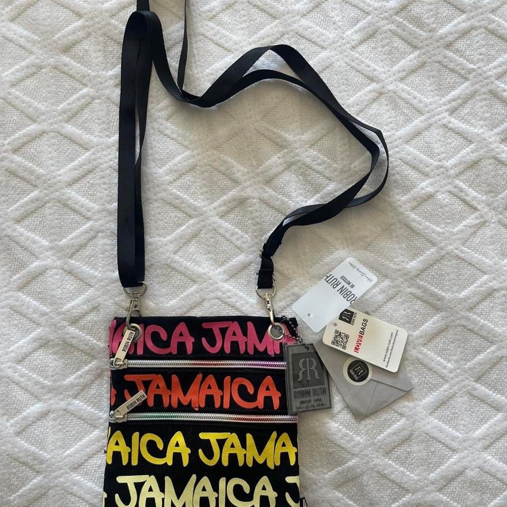 Robin Ruth Jamaica Souvenir Crossbody Bag Black Canvas Multi Color Travel Pouch